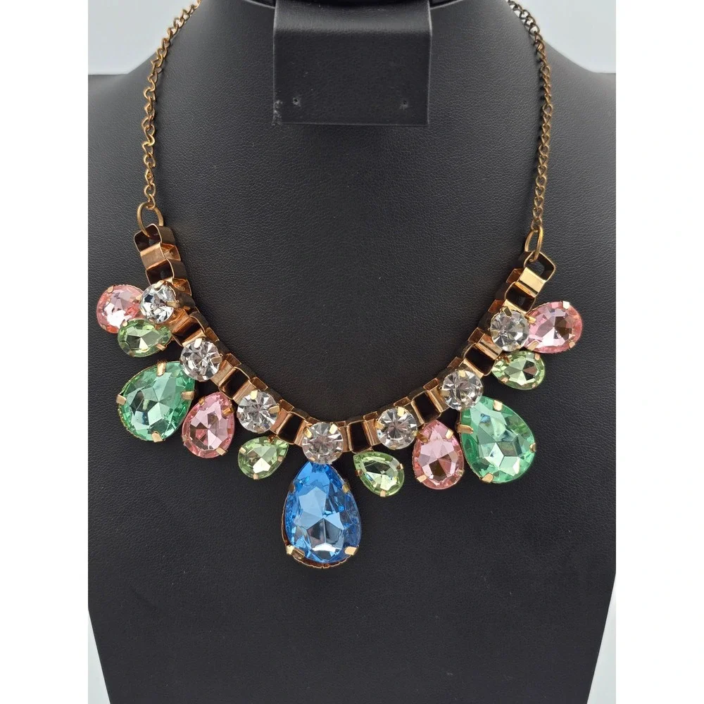 Multicolor‎ Statement Bib Necklace Gold Tone Teardrop Round Faceted Rhinestone